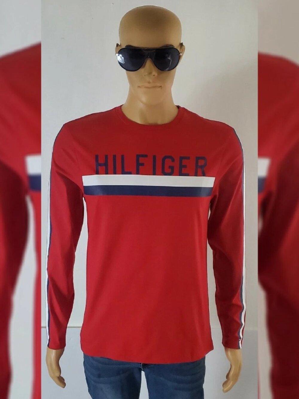 TOMMY HILFIGER LONG SLEEVE TSHIRTS MEN'S CREW NECK BIG STRIPE LOGO SIZE XL RED
